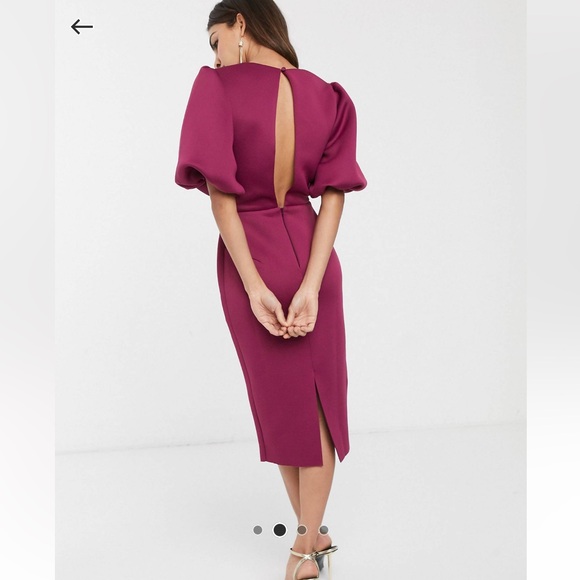 ASOS DESIGN bubble sleeve twist detail midi pencil dress in raspberry NWOT - Picture 4 of 7